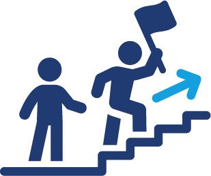 One person guiding another up a flight of stairs. The person going up the stairs is holding a flag.