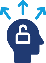 A figure of a human head with an open padlock and arrows coming away from the head, implying a person's thinking is unlocked.